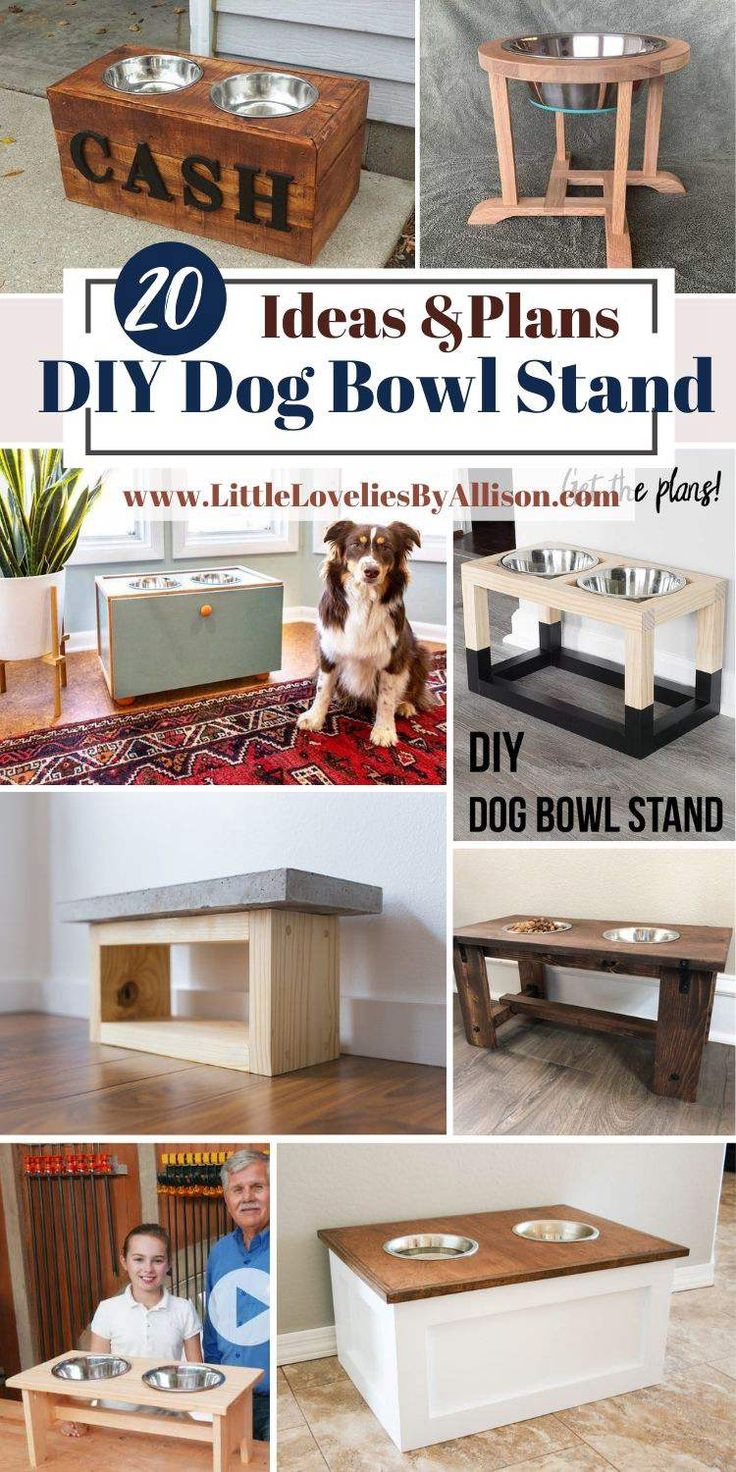 diy dog bowl stand made out of wooden pallets and plywood with text overlay that says, 20 ideas & plans diy dog bowl stand