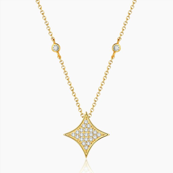 Stella Pendant Necklace | Necklaces by DORADO Celestial Pendant Necklace With Diamond Accents, Celestial Gold Diamond Pendant Necklace, Gold Star-shaped 14k Diamond Necklace, Luxury Star-shaped Necklace With Diamond Accents, Yellow Gold Star-shaped Cubic Zirconia Necklace, Platinum Pendant, Silver Coat, Star Design, Luxury Gift Box