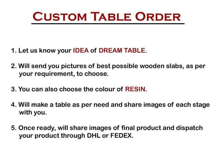 an order form with the words custom table order written in red and black on it