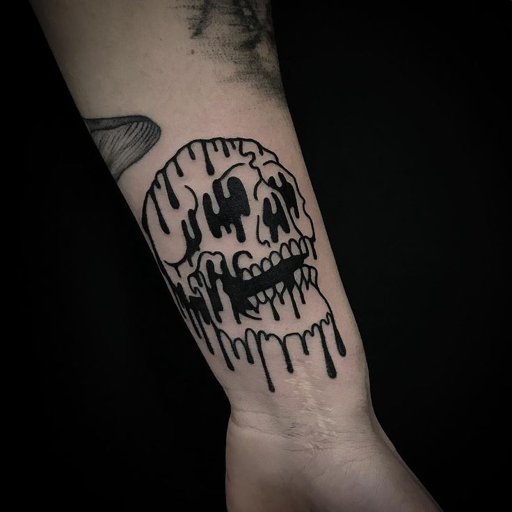 a hand with a black and white skull tattoo on it's left arm that has dripping paint all over it