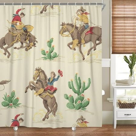 a shower curtain with an image of cowboys riding horses and cactuses on the ground