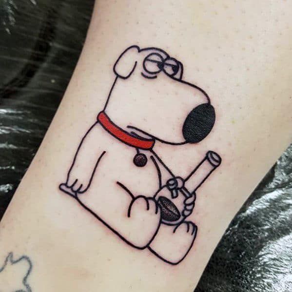 a dog with glasses and a red collar is on the leg