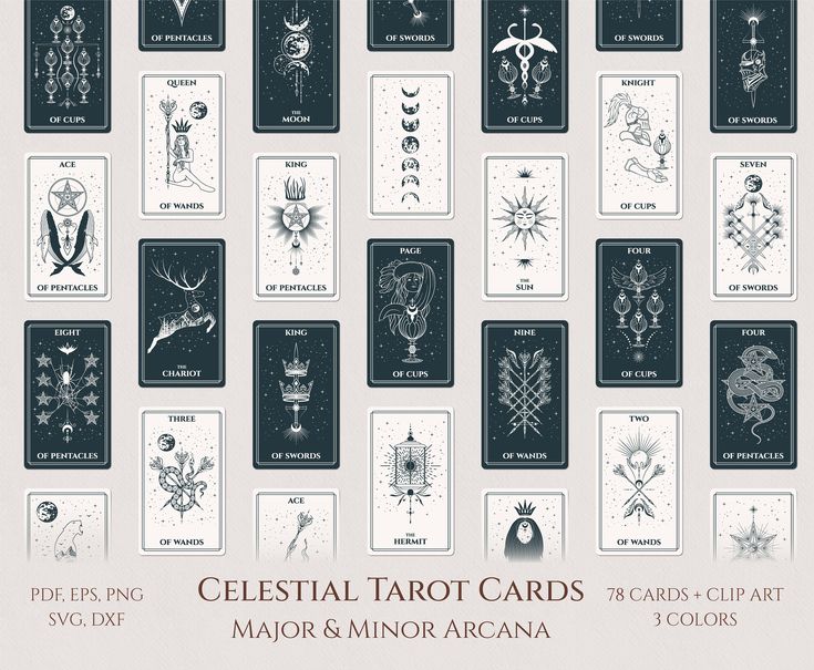 the celestial tarot cards from major and minor arcana are shown in black on white