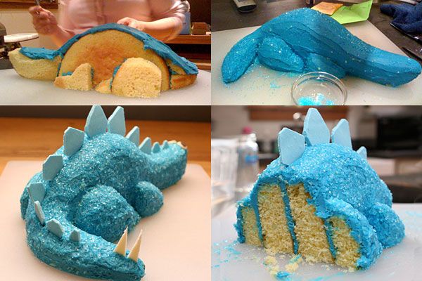 there are four pictures of different cakes made to look like godzillas, and then they have blue frosting on them