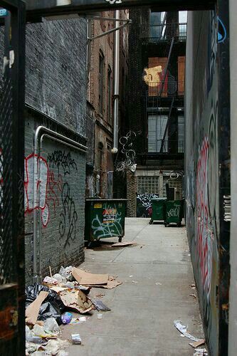 an alleyway with graffiti and trash on the ground