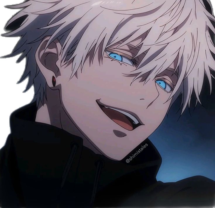 an anime character with white hair and blue eyes looking at something in the distance behind him