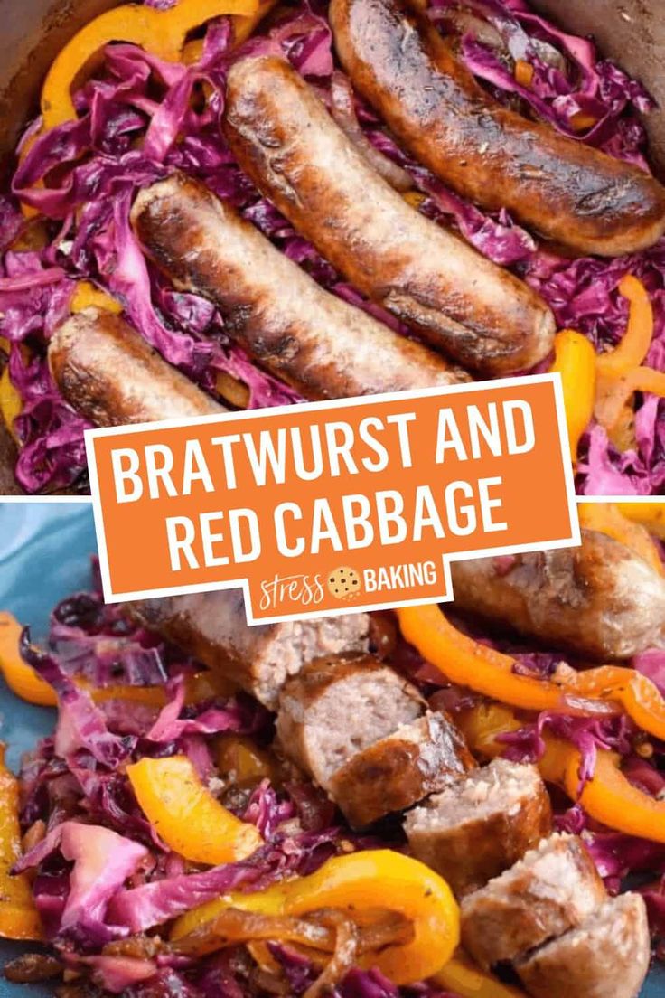 bratwurst and red cabbage in a blue bowl