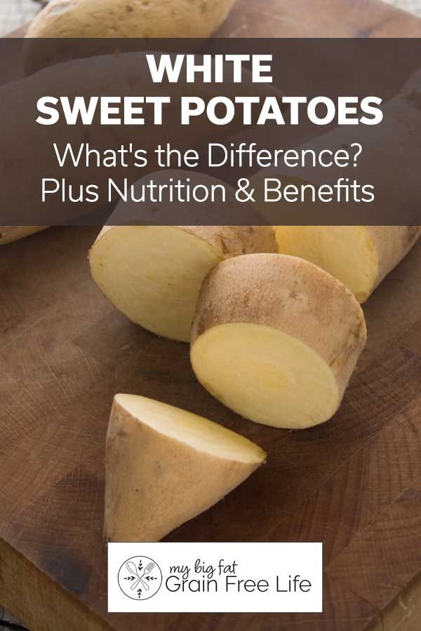 white sweet potatoes on a cutting board with text overlay - what's the difference? plus nutrition & benefits