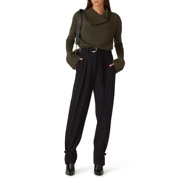 Black crepe (67% Polyester, 29% Viscose, 4% Elastane). Pants. Center front zipper closure with belt. Pockets. 37' from waist to hemline. Inseam: 28". Rise: 14". Leg opening: 18.5". Imported. Chic Belted Bottoms For Fall, High-waist Bottoms With Belt Detail For Fall, Chic Bottoms With Belt For Fall, High Waist Bottoms With Belt Detail For Fall, Fall Business Casual Bottoms With Belt, Versatile Pants With Belt Loops For Fall, Tapered Leg Pants With Belt Detail For Work, Workwear Bottoms With Belt And Tapered Leg, Versatile Fall Pants With Belt Loops