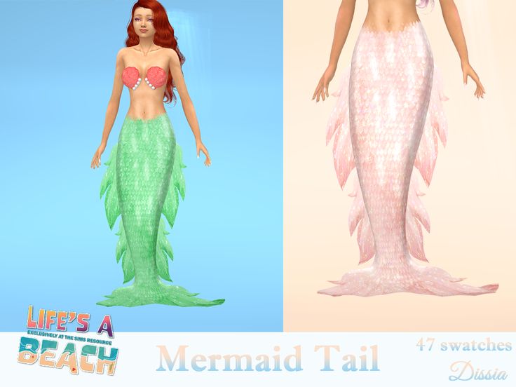 the mermaid tail is pink and green, while the other one has red hair on it