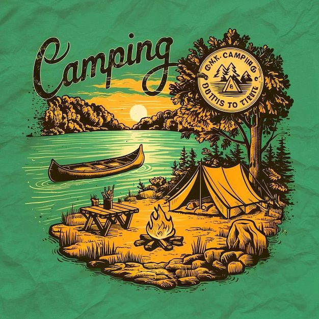 an image of a camp site with a tent and canoe