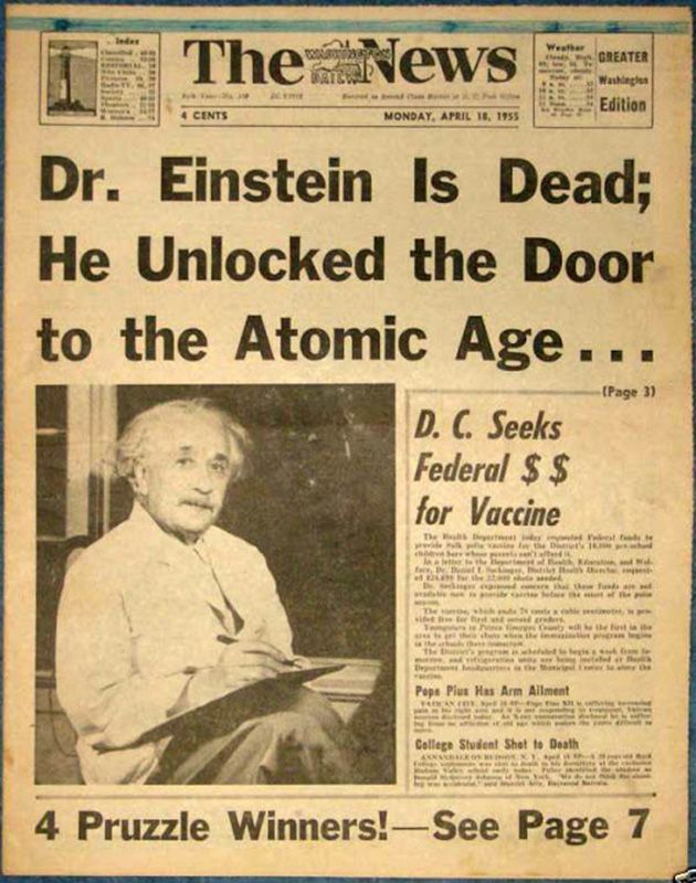 an old newspaper with the article dr einstein is dead he unlocked the door to the atomic age