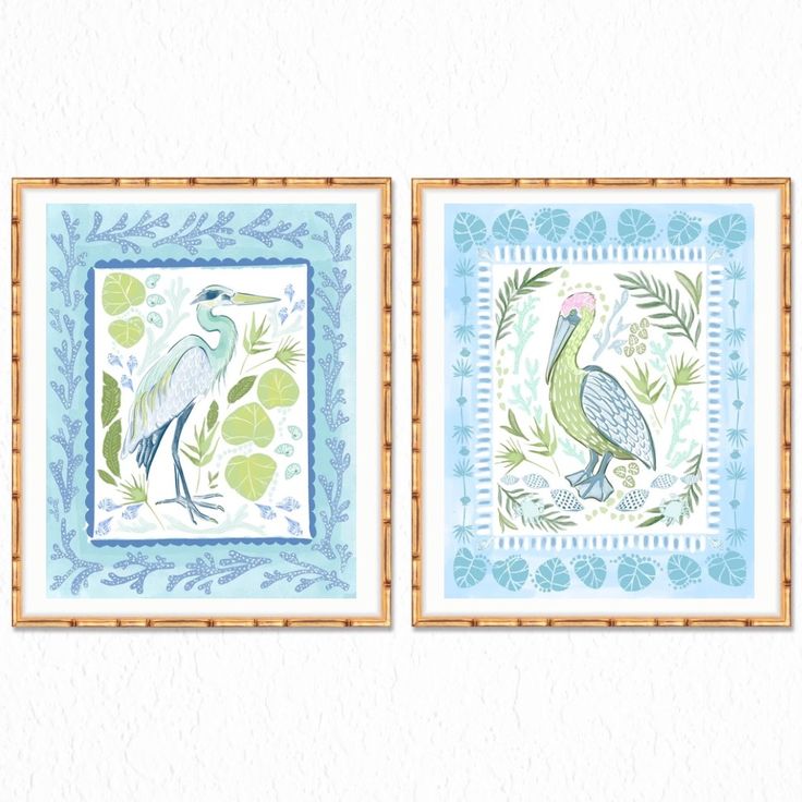 two framed pictures with birds on them in blue, green and white colors are hanging on the wall