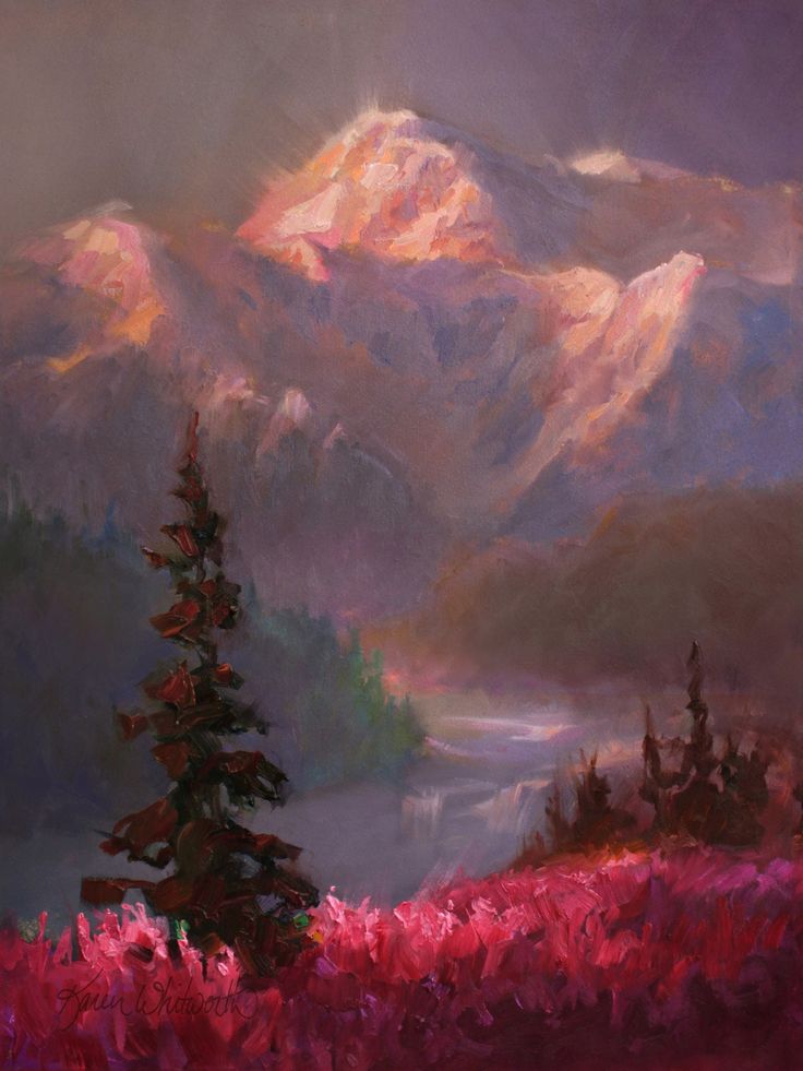 a painting of mountains and trees with pink flowers