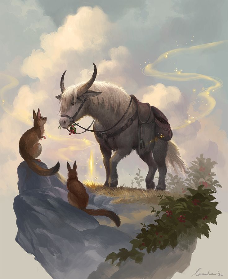 an animal with horns standing on top of a hill next to a cat and dog