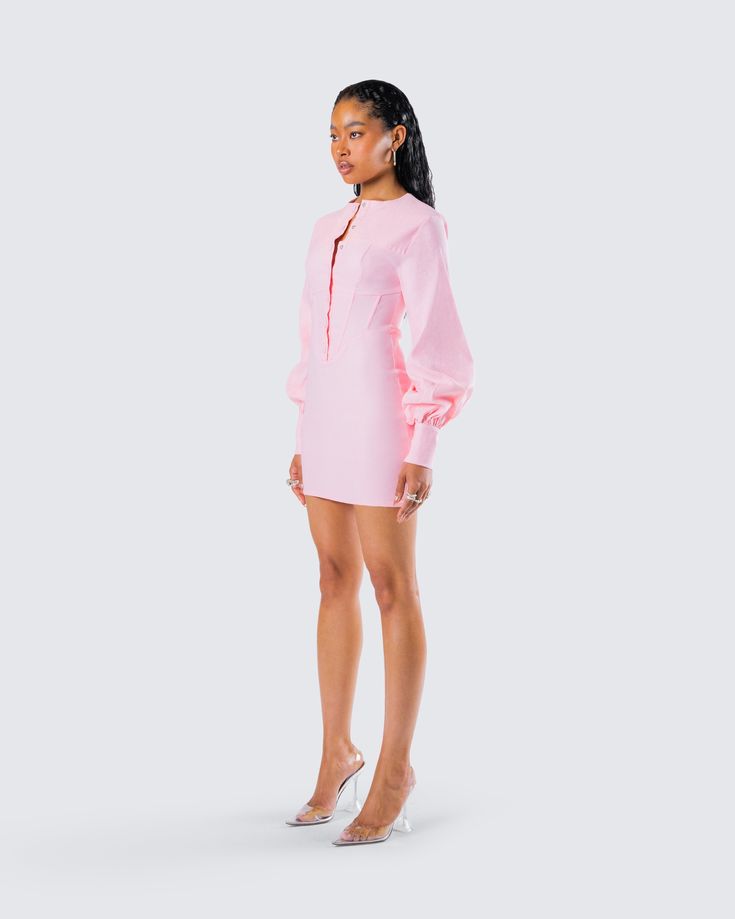 Respectfully boss them around in this pink mini dress 😌 With a bodycon fit, boning at the torso, and seven front buttons, this dress made from comfort stretch fabric will have them following all your orders 💕 Pink Mini Dress For Date Night, Pink Backless Mini Dress For Date Night, Mini Bodycon Dress With Buttons, Mini Length Bodycon Dress With Buttons, Pink Stretch Mini Dress, Pink Mini Dress For Night Out, Spring Bodycon Mini Dress With Buttons, Feminine Fitted Long Sleeve Shirt Dress, Spring Mini Bodycon Dress With Buttons