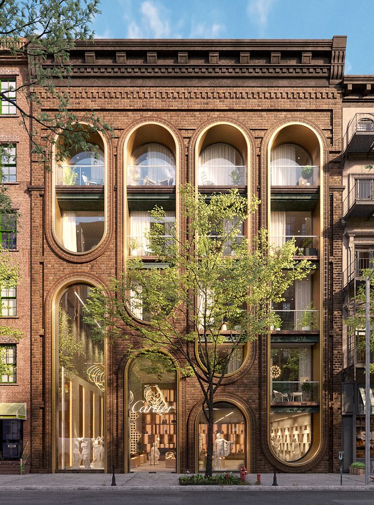 an architectural rendering of a brick building with arched windows and trees on the street corner