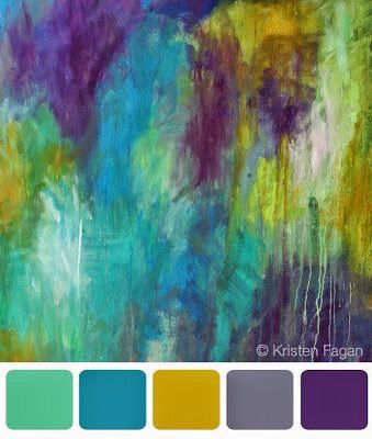 an abstract painting in shades of blue, green and yellow with the color swat list below