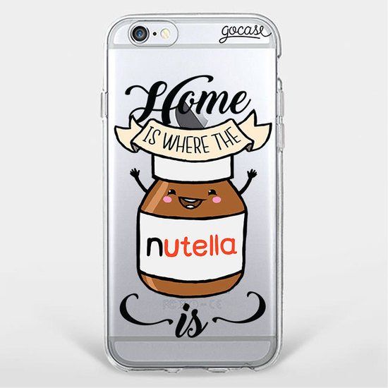 a clear phone case with a nutella jar on the front and words home is where the nutella is