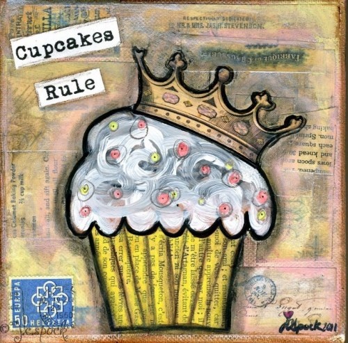 a drawing of a cupcake with a crown on it's head and the words cupcakes rule above it