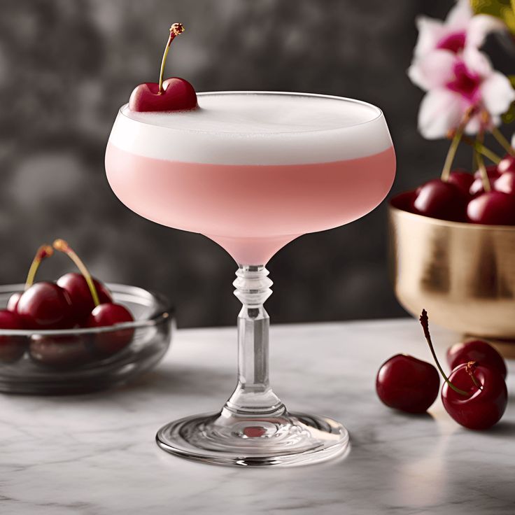 a pink drink with cherries on the rim and in a glass bowl next to it