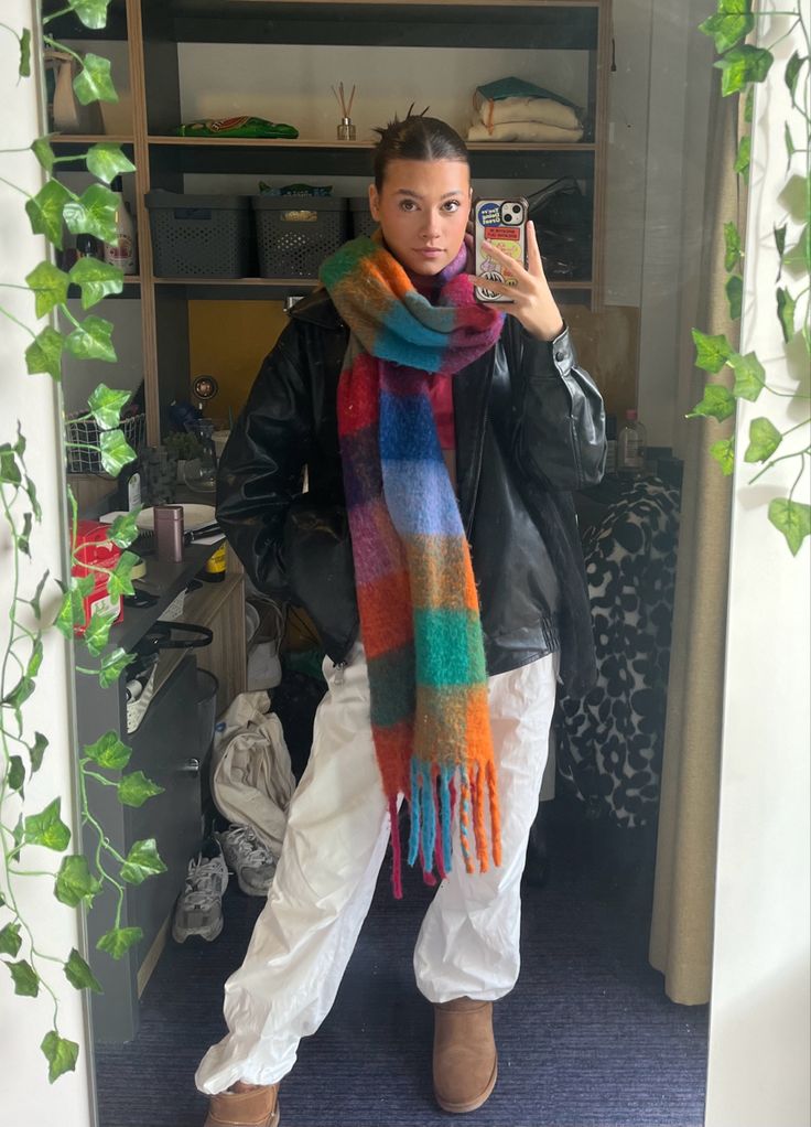 Big Colorful Scarf Outfit, Rainbow Scarf Outfit, Colourful Scarf Outfit, Large Scarf Outfit, Acne Scarf Outfit, Acne Studios Scarf Outfit, Scarf With Hoodie, Wool Scarf Outfit, Green Scarf Outfit