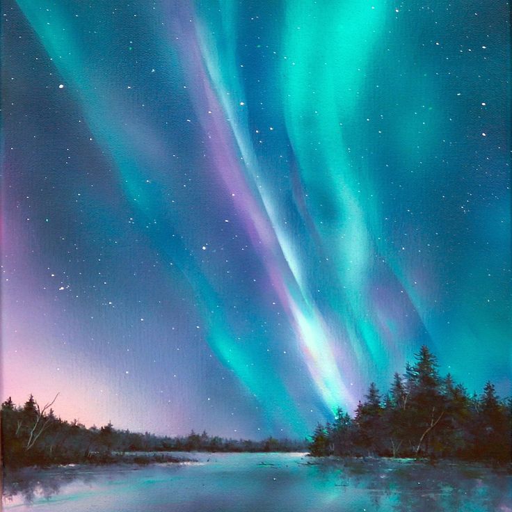 an oil painting of the aurora bore over a lake with trees in the foreground