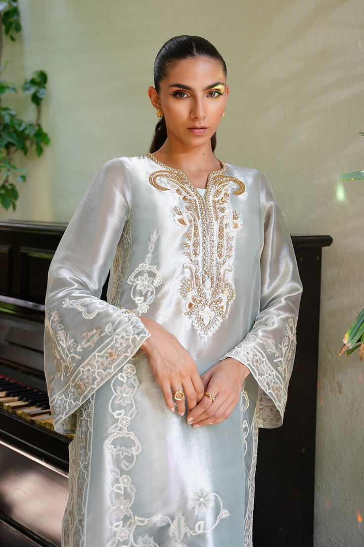 Zamin Luxury Silk Summer Sets, Elegant Gold Organza Kurta, Elegant Long Sleeve Raw Silk Sharara, Elegant Sharara With Gold Embroidery In Organza, Elegant Organza Sharara With Gold Embroidery, Formal Eid Blouse With Dupatta, Eid Party Wear Silk Palazzo Set, Formal Eid Sharara With Gold Embroidery, Elegant Party Kurta With Gold Embroidery