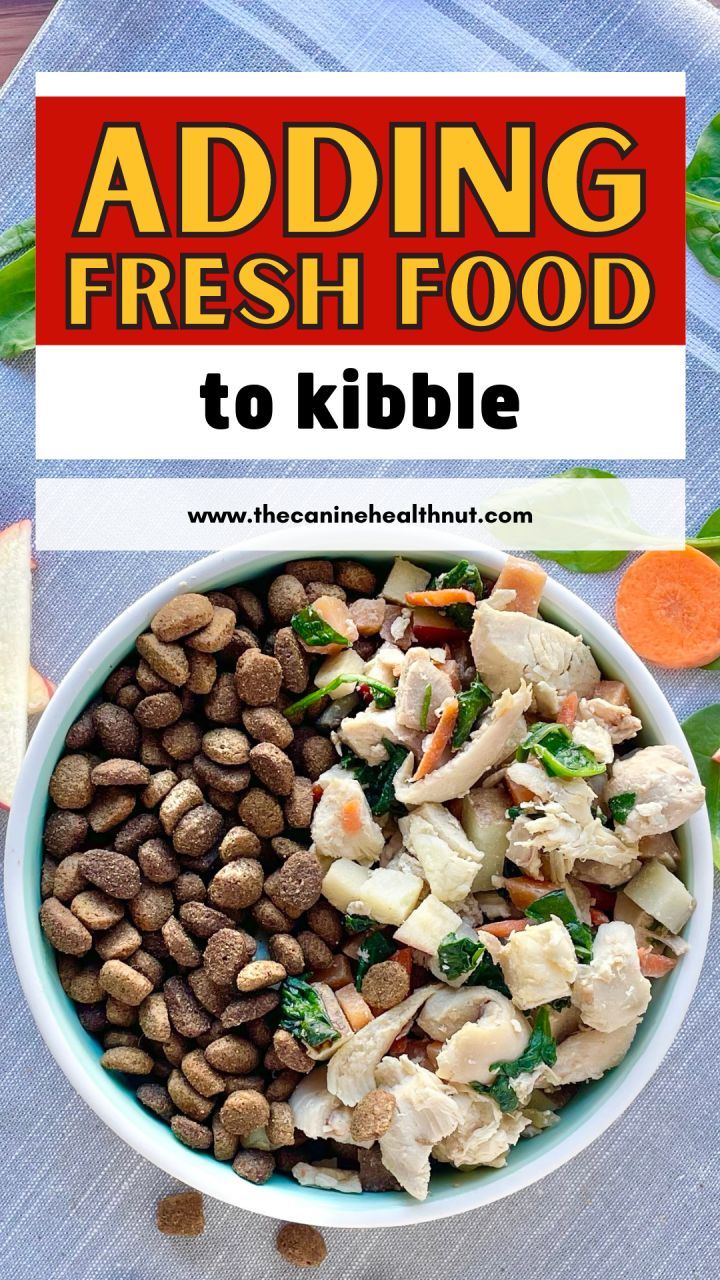 a bowl full of food with the words adding fresh food to kibble above it