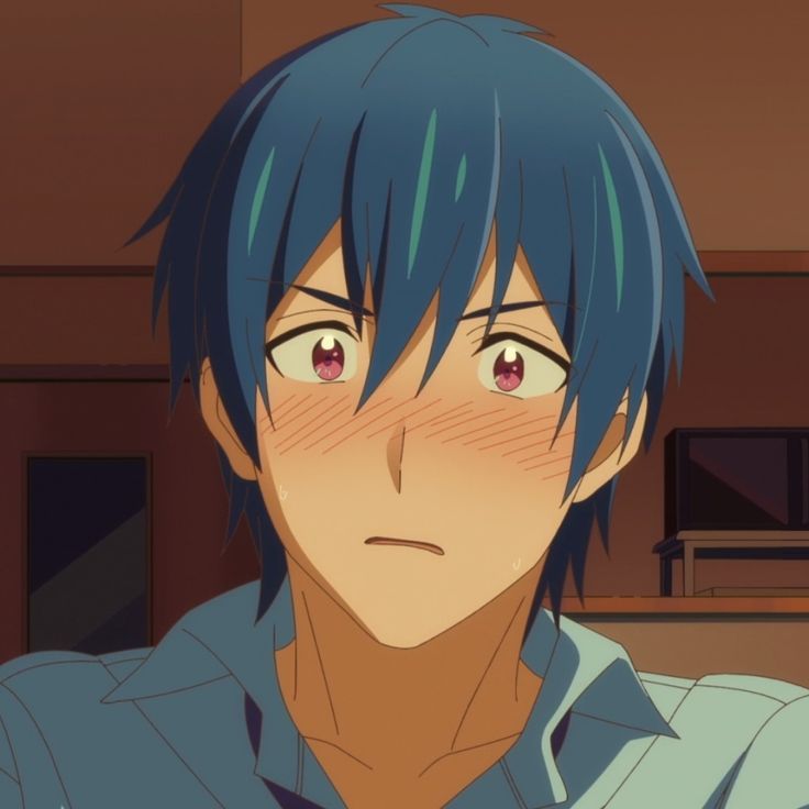 an anime character with blue hair and red eyes looking at the camera while staring into the distance