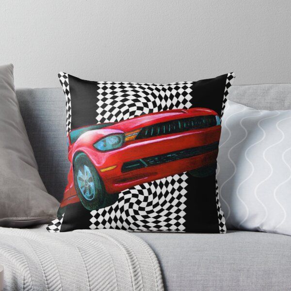 a red sports car with black and white checkers on the side, throw pillow