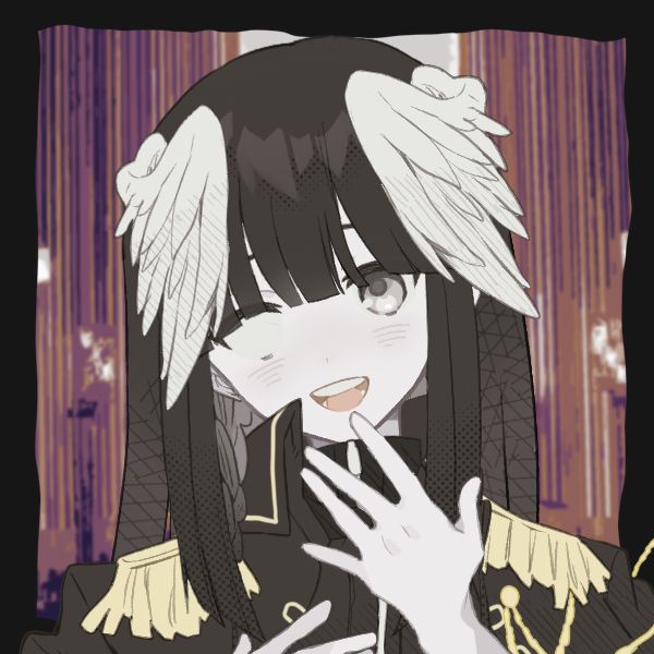 an anime character with long black hair and white wings on her head, holding her hand up to her mouth