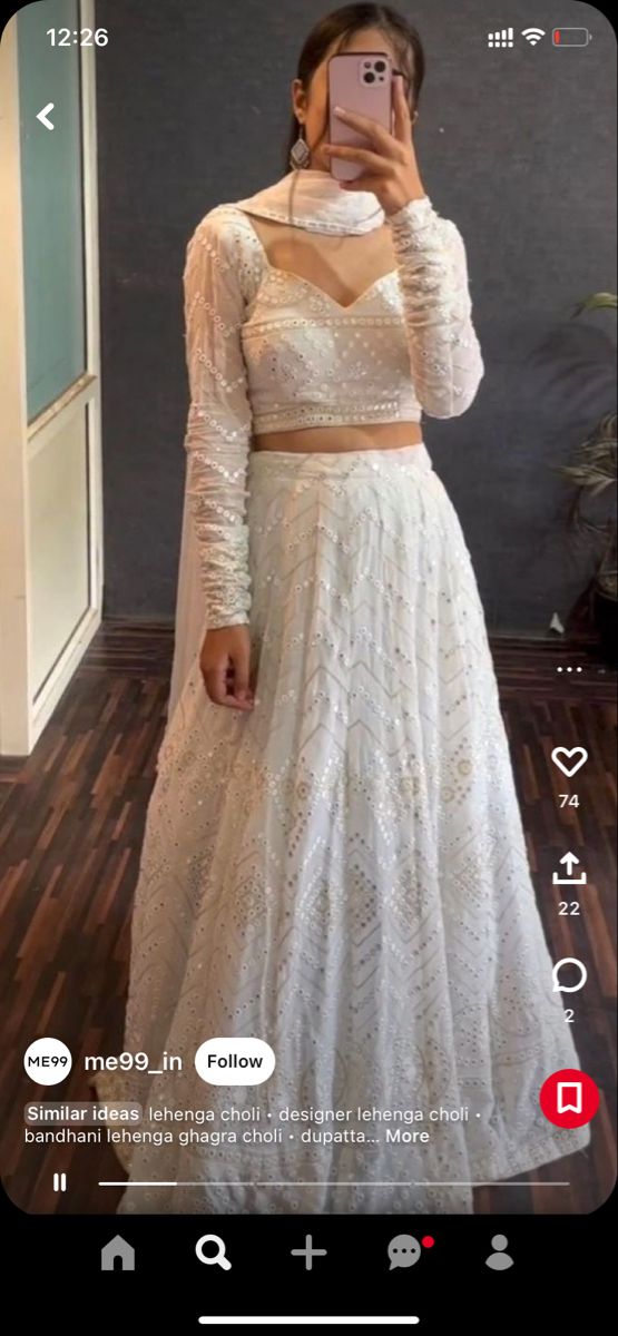 White Chicken Lehenga, Bandhani Lehenga Ghagra Choli, Lengha Design, White Blouse Designs, Bandhani Lehenga, Full Sleeve Crop Top, Pretty Dresses Casual, Lehenga Design, White Lehenga