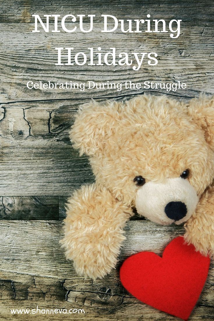 a teddy bear with a red heart hanging from it's chest and the words nicu during holidays