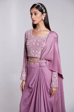 Shop for Rajkumari and Suresh Purple Crepe Pre-draped Skirt Saree Set for Women Online at Aza Fashions Skirt Saree, Hand Embroidered Blouse, Embroidered Belt, Draped Skirt, Embroidery Floral, Pattern Embroidery, Satin Color, Full Sleeves, Embroidered Blouse