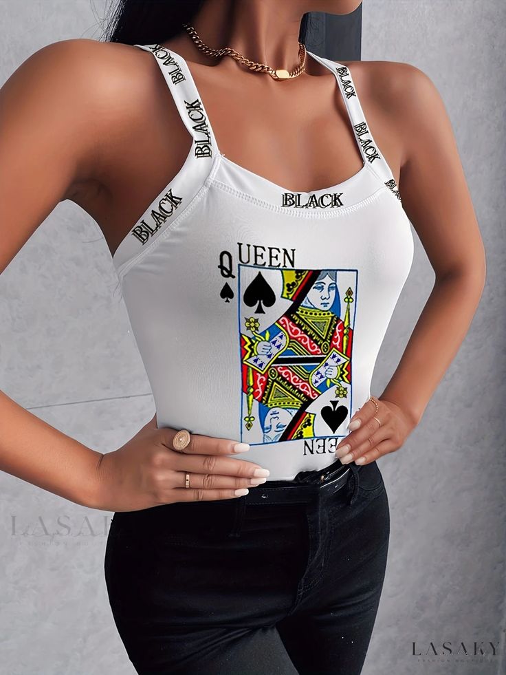 Lasaky - Poker Queen-themed Slim Cami Top: Sleek and Fashionable Back Bow Spaghetti Strap Top for Summer in Womens Clothing Women Tops Online, Sporty Women, Split Hem Skirt, Casual Activewear, Backless Top, Spaghetti Strap Top, Fashion Catalogue, Embellished Top, Waist Jeans