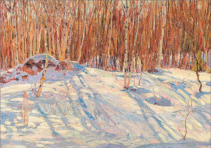 a painting of snow covered ground with trees in the background