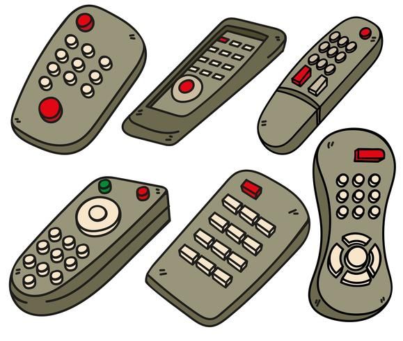 four remote controls are shown in this cartoon drawing style, each with different buttons on them