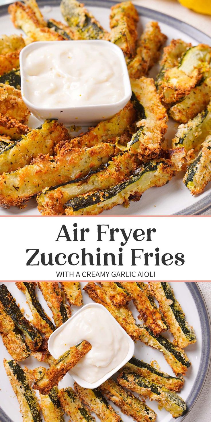 air fryer zucchini fries on a plate with ranch dip in the middle