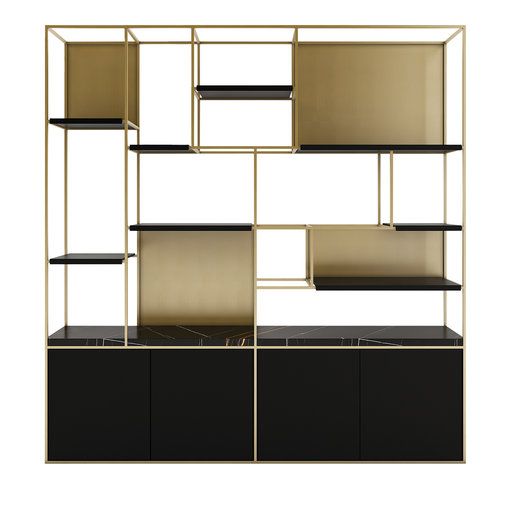 a black and gold shelving unit with shelves on each side, one shelf is open to the other