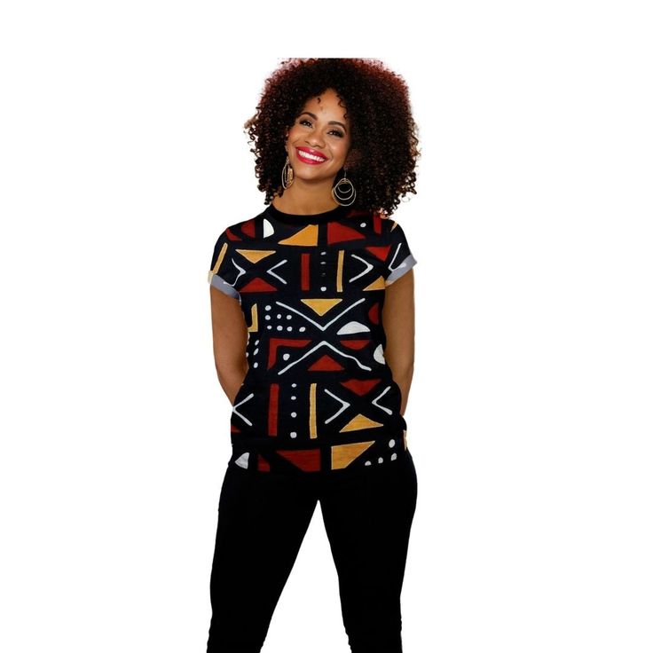 This new Bogolan Print Women T-shirt features a relaxed fit for Women. T-shirt is durable, breathable and soft. Product Features Please Compare your Measurements To our Size Chart This T-shirt is Designed for fashionable women. Made from 5.47 Oz. 100% polyester. Double-needle hemmed sleeves and bottom. Vivid print that will never fade after washing Soft, lightweight and quick drying. Delivery Time This item will be processed within 3-7 business days (Excluding Weekends and Holidays). Once produc Relaxed Chic, Printed Carpet, African Mud Cloth, Dyeing Techniques, Mud Cloth, Women T Shirt, New T, Unique Print, African Print