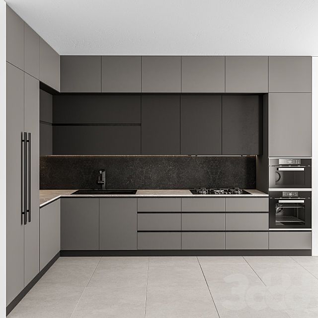 a modern kitchen with grey cabinets and white flooring is seen in this image from the front view