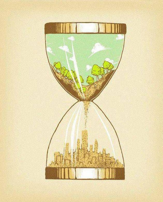 an hourglass with trees and buildings in the sand under it, on a beige background