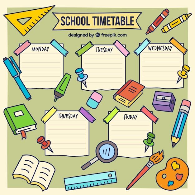 school timetable with pencils, rulers and other items on it for students to write