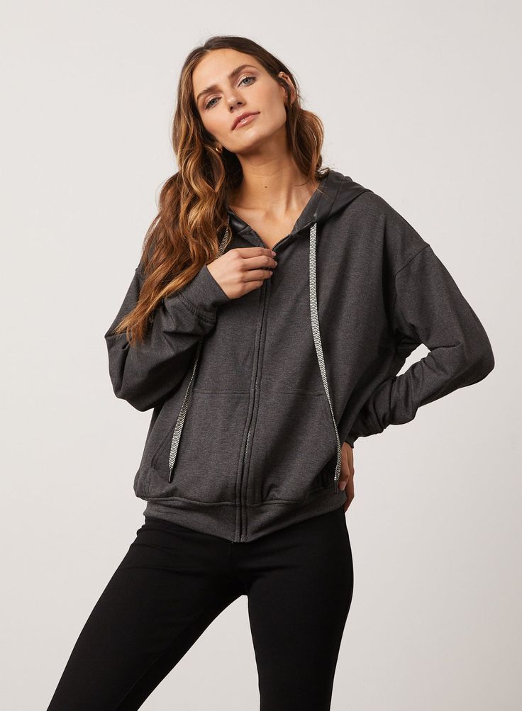 Saylor Sweatshirt in Anthracite – Bailey/44 Fall Athleisure Hooded Jacket With Zipper, Sporty Hoodie With Zipper Closure For Fall, Sporty Hoodie With Zipper For Fall, Sporty Zippered Hoodie For Fall, Athleisure Fall Hooded Jacket With Double-lined Hood, Gray Drawstring Outerwear For Fall, Fall Loungewear Hoodie With Zipper Closure, Fall Hoodie With Zipper Closure For Loungewear, Athleisure Hooded Jacket For Fall