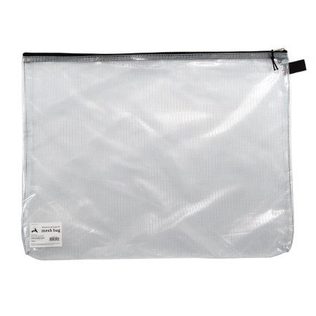 a clear plastic bag with black zippers on the bottom and side, in front of a white background