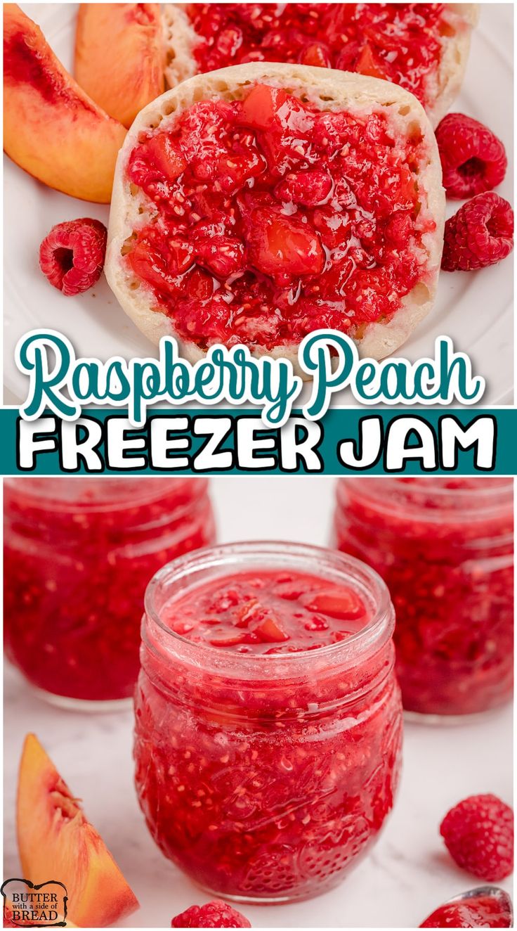 raspberry peach freezer jam in a jar with fresh fruit on the side