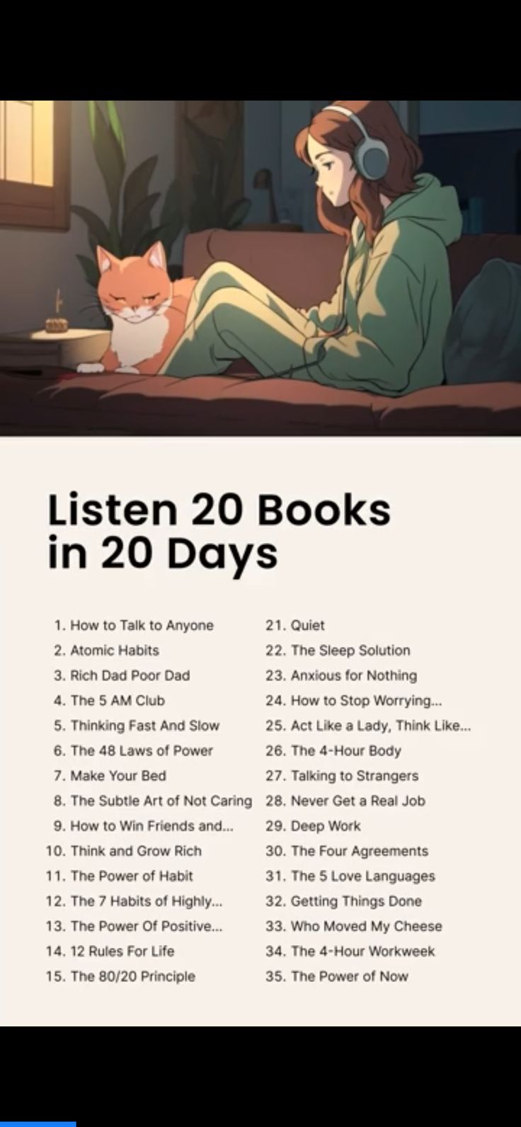 the poster for listen to books in 20 days