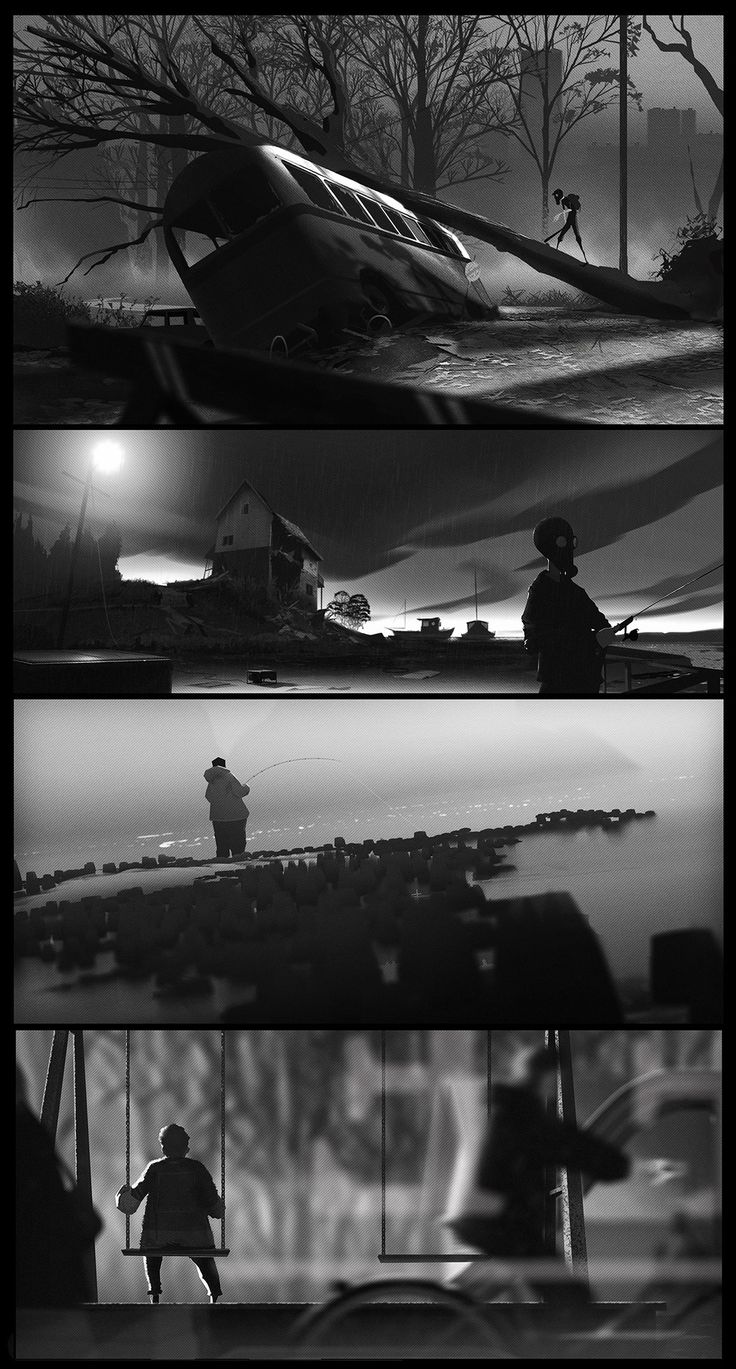 four different scenes in black and white, with one man walking on the street at night