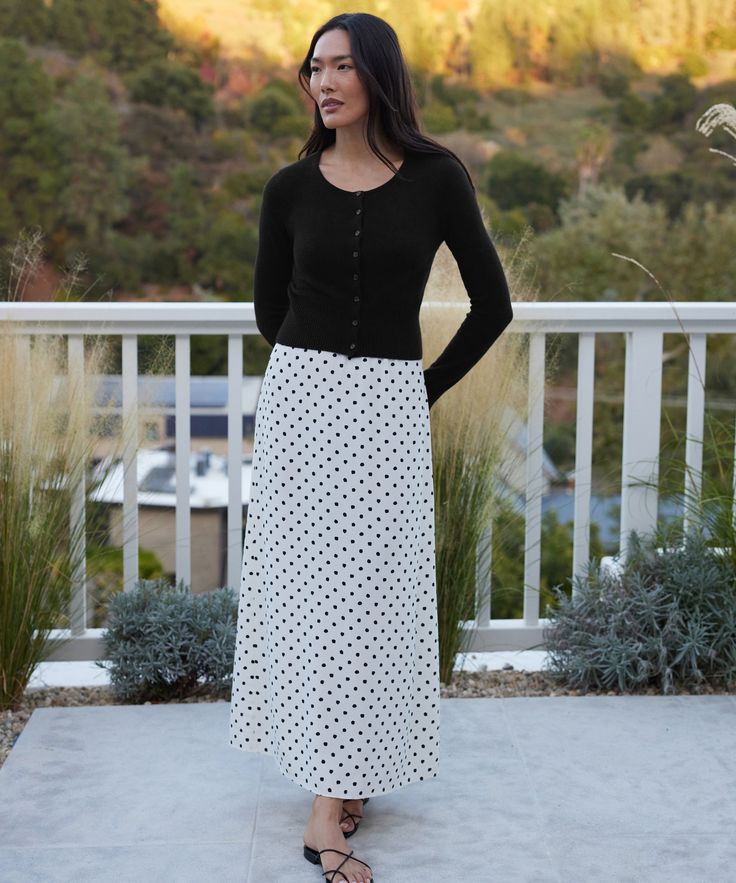 Cleo Slip Skirt Ivory Dot Everyone's favorite slip skirt has a new look. In vintage-inspired polka dots, the Cleo Slip Skirt is everyday luxury worthy of every wardrobe. Chic Polka Dot Skirt For Day Out, Elegant Polka Dot Midi Skirt, Chic Polka Dot Relaxed Skirt, Chic Polka Dot Relaxed Fit Skirt, Chic Polka Dot Skirt Relaxed Fit, Chic Long Skirt With Polka Dot, Jenni Kayne, Slip Skirt, Everyday Luxuries